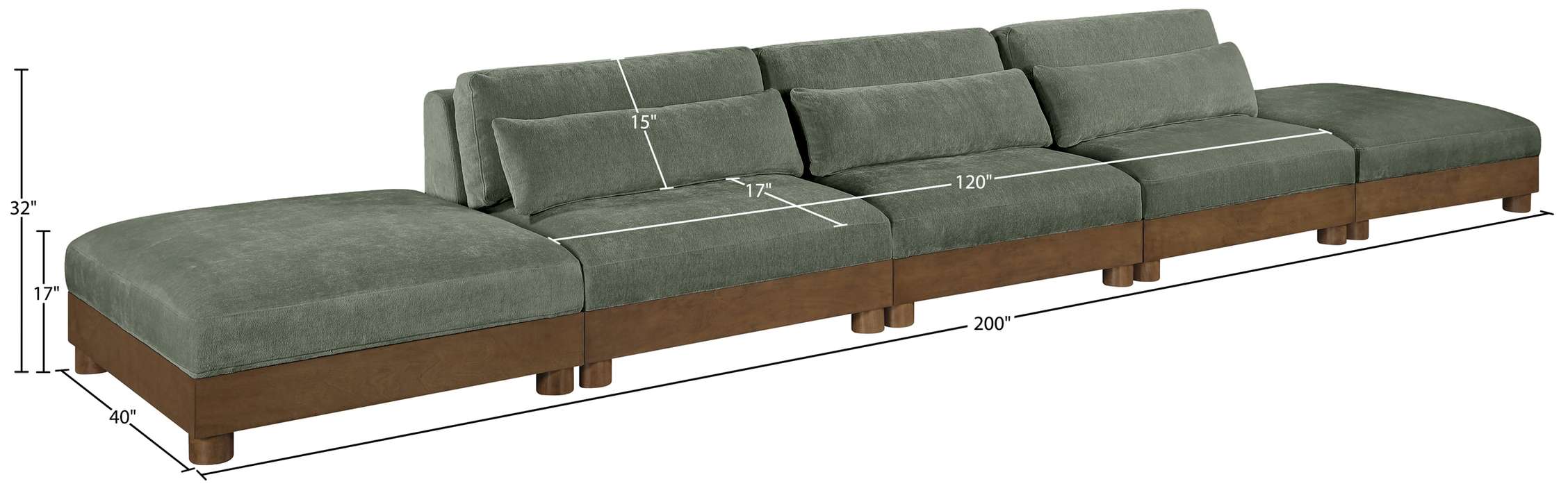 Meridian Furniture - Turin 200" Green Chenille Fabric Upholstered 5pc. Sofa - 606Green-S5A - GreatFurnitureDeal