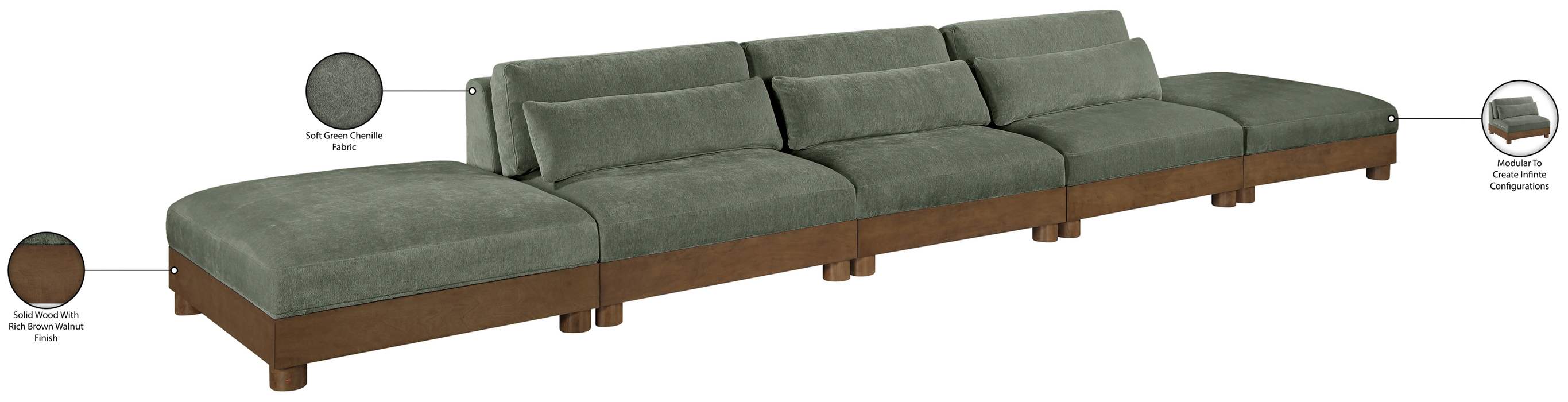 Meridian Furniture - Turin 200" Green Chenille Fabric Upholstered 5pc. Sofa - 606Green-S5A - GreatFurnitureDeal