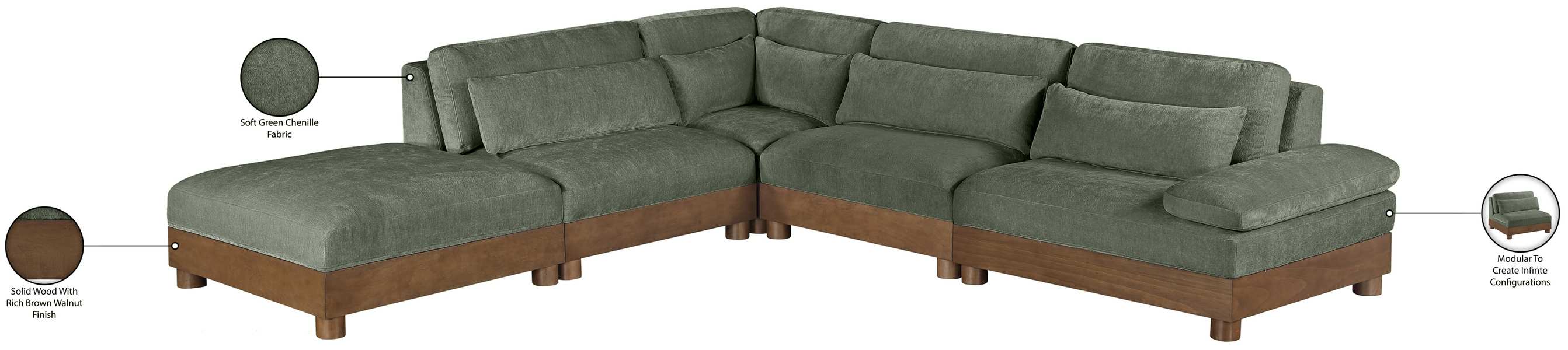 Meridian Furniture - Turin 127.75" Green Chenille Fabric Upholstered 5pc. Sectional - 606Green-Sec5D - GreatFurnitureDeal