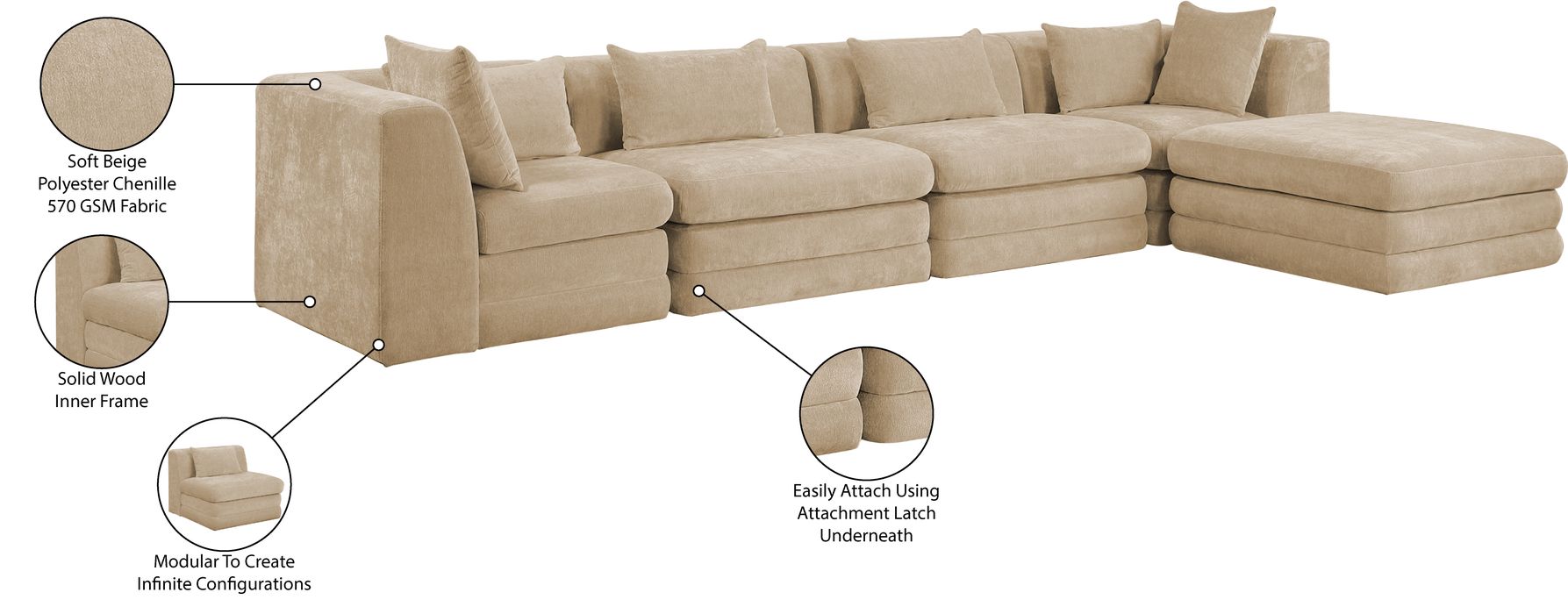 Meridian Furniture - Stellar 152" Beige Chenille Fabric Upholstered 5Pc. Sectional - 608Beige-Sec5A - GreatFurnitureDeal