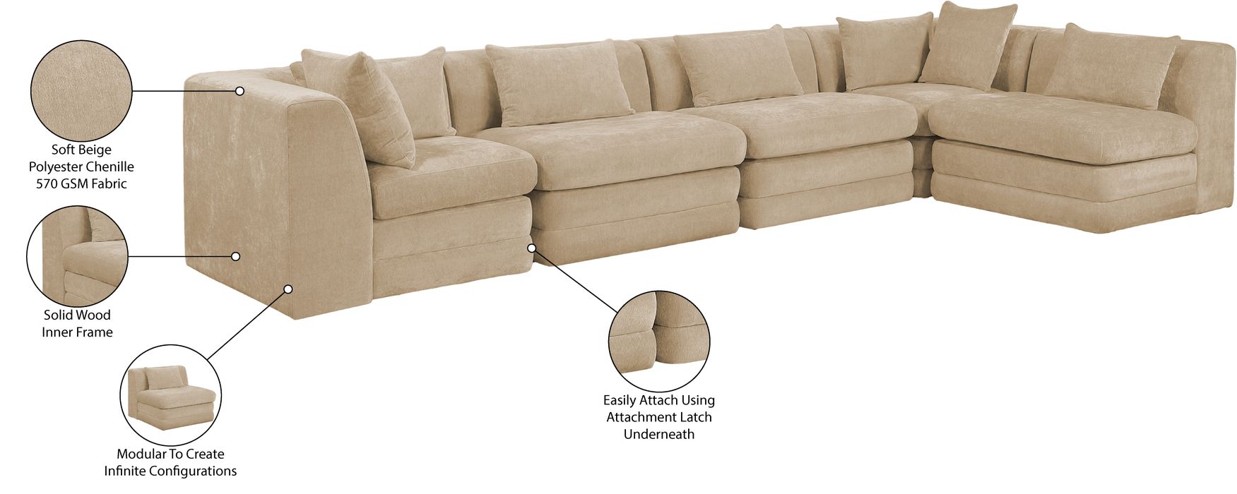 Meridian Furniture - Stellar 152" Beige Chenille Fabric Upholstered 5Pc. Sectional - 608Beige-Sec5D - GreatFurnitureDeal