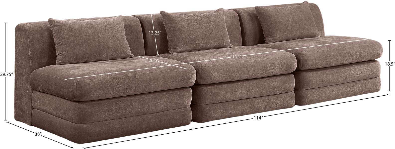 Meridian Furniture - Stellar 114" Brown Chenille Fabric Upholstered 3pc. Sofa - 608Brown-S114A - GreatFurnitureDeal