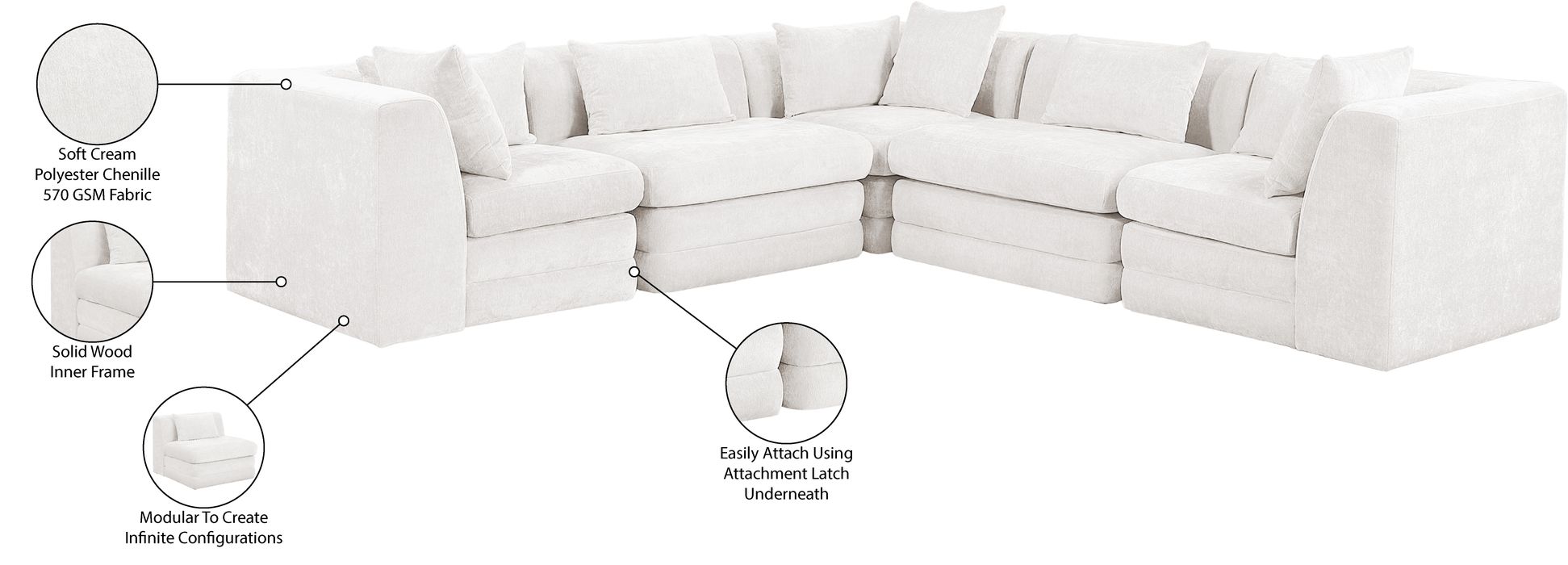 Meridian Furniture - Stellar 114" Cream Chenille Fabric Upholstered 5Pc. Sectional - 608Cream-Sec5C - GreatFurnitureDeal