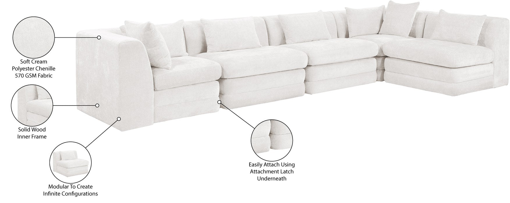Meridian Furniture - Stellar 152" Cream Chenille Fabric Upholstered 5Pc. Sectional - 608Cream-Sec5D - GreatFurnitureDeal