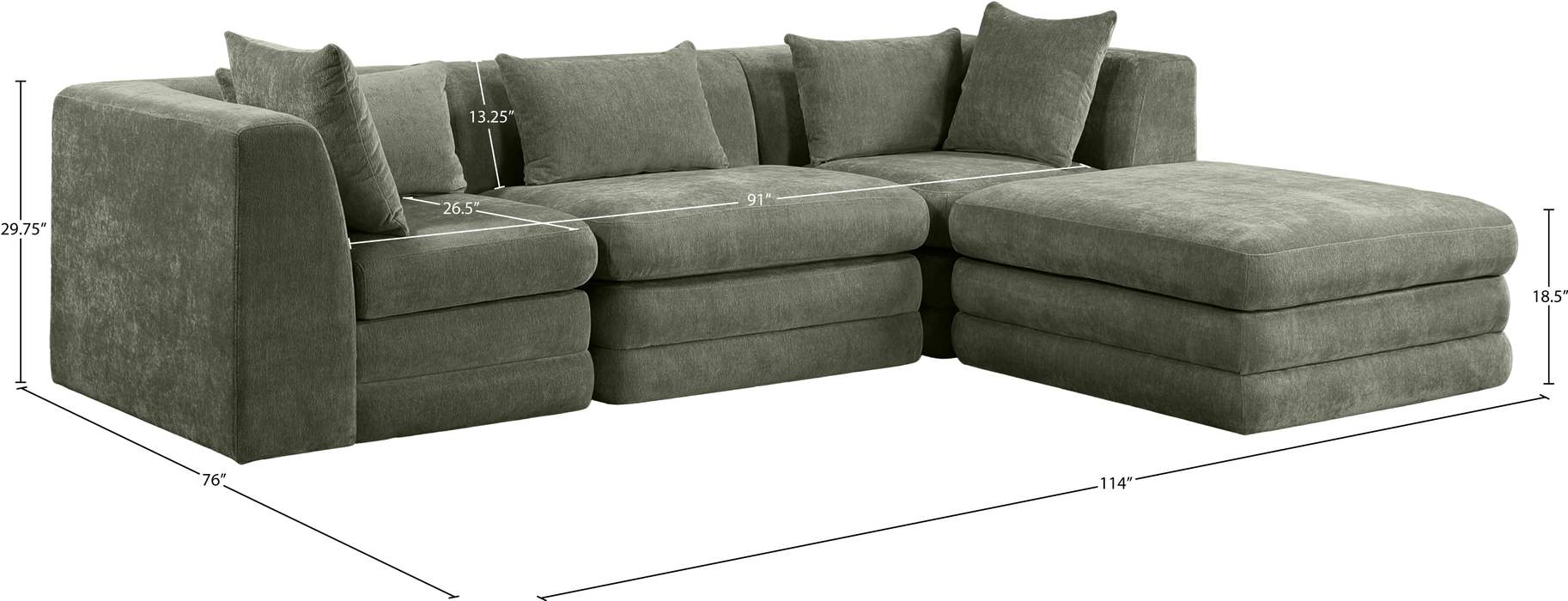 Meridian Furniture - Stellar 114" Green Chenille Fabric Upholstered 4Pc. Sectional - 608Green-Sec4A - GreatFurnitureDeal