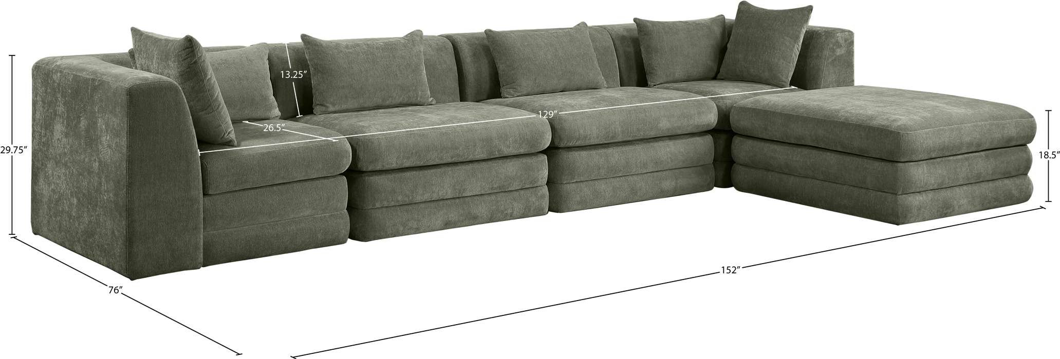 Meridian Furniture - Stellar 152" Green Chenille Fabric Upholstered 5Pc. Sectional - 608Green-Sec5A - GreatFurnitureDeal