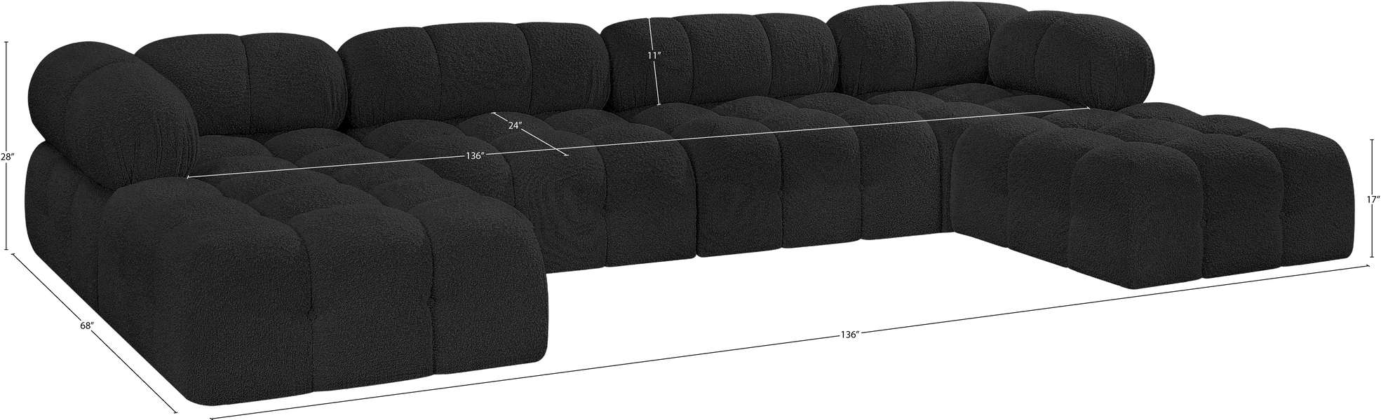 Meridian Furniture - Ames 136" Black Boucle Fabric Upholstered 6pc. Sectional - 611Black-Sec6D - GreatFurnitureDeal