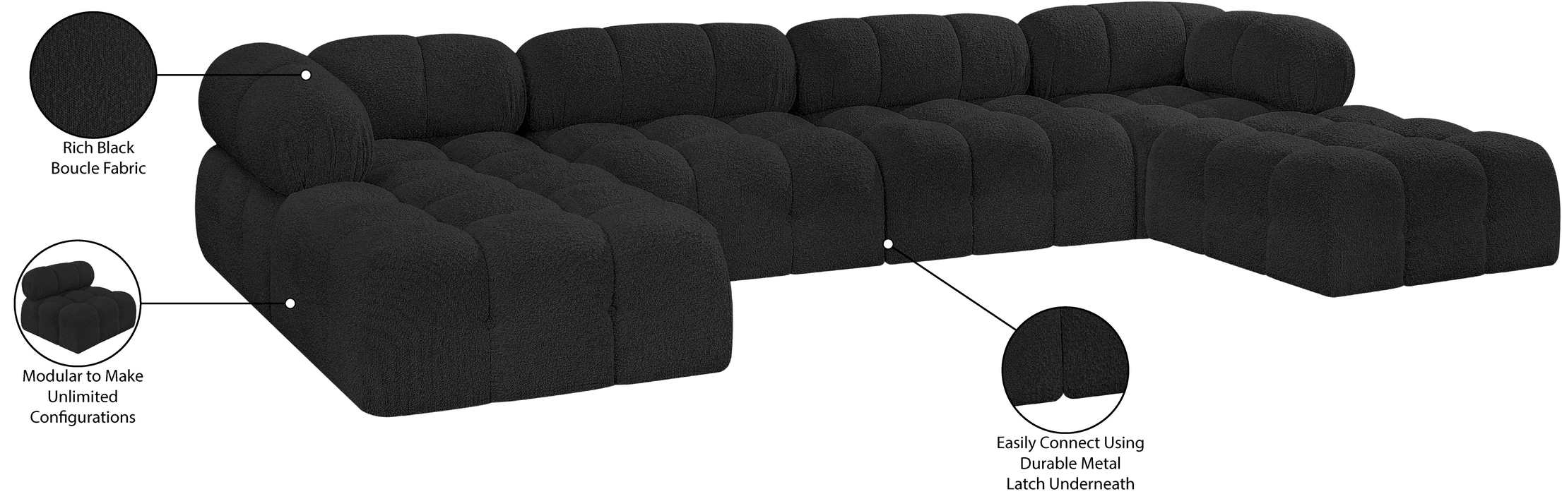 Meridian Furniture - Ames 136" Black Boucle Fabric Upholstered 6pc. Sectional - 611Black-Sec6D - GreatFurnitureDeal