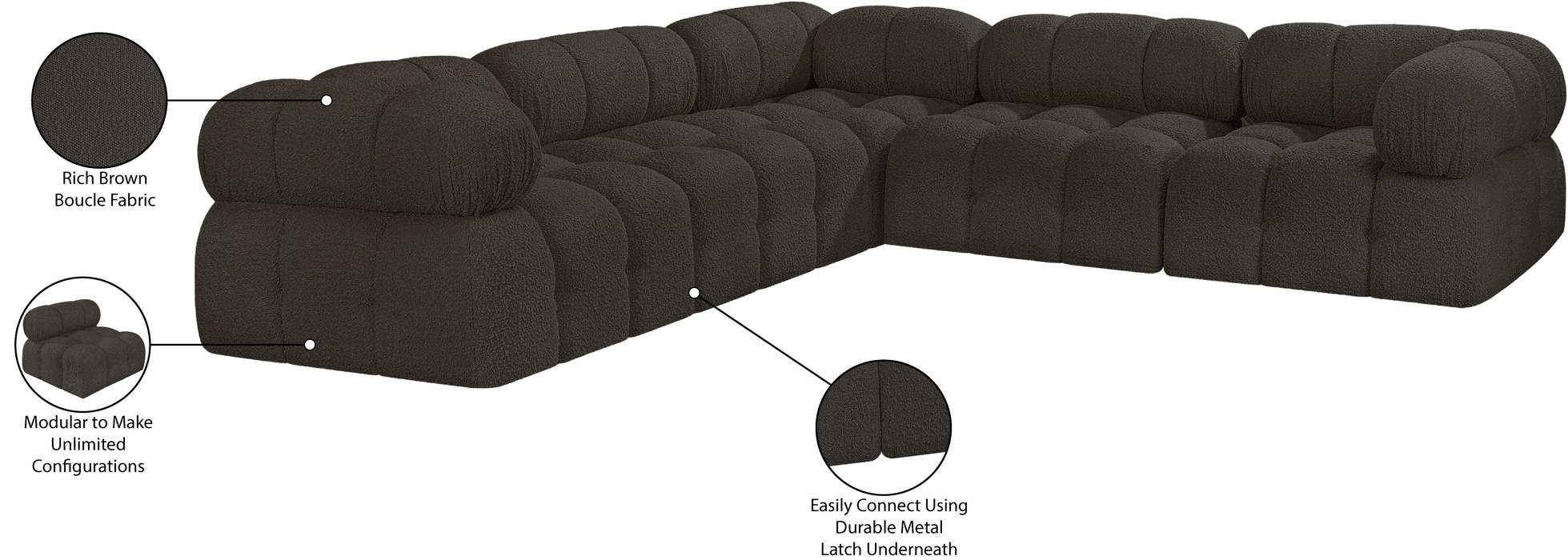 Meridian Furniture - Ames 102" Brown Boucle Fabric Upholstered 5pc. Sectional - 611Brown-Sec5D - GreatFurnitureDeal
