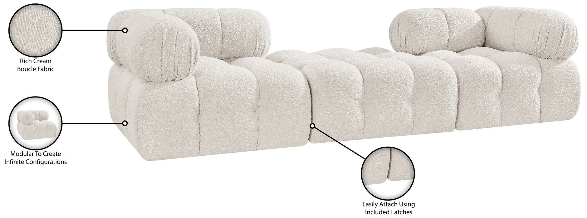 Meridian Furniture - Ames 102" Cream Boucle Fabric Upholstered 3pc. Sofa - 611Cream-S102D - GreatFurnitureDeal