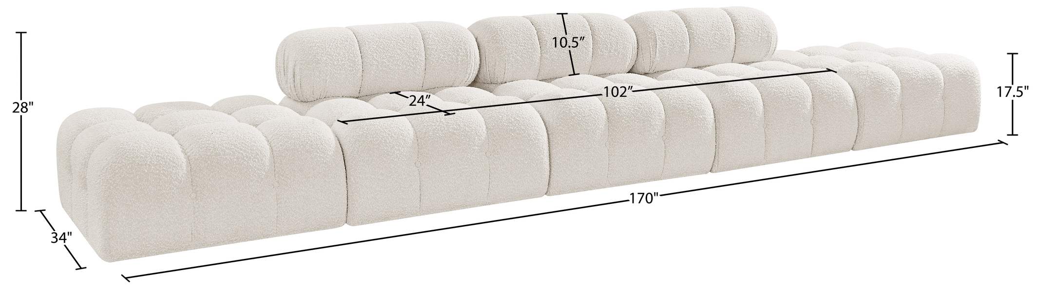 Meridian Furniture - Ames 170" Cream Boucle Fabric Upholstered 5pc. Sofa - 611Cream-S170A - GreatFurnitureDeal