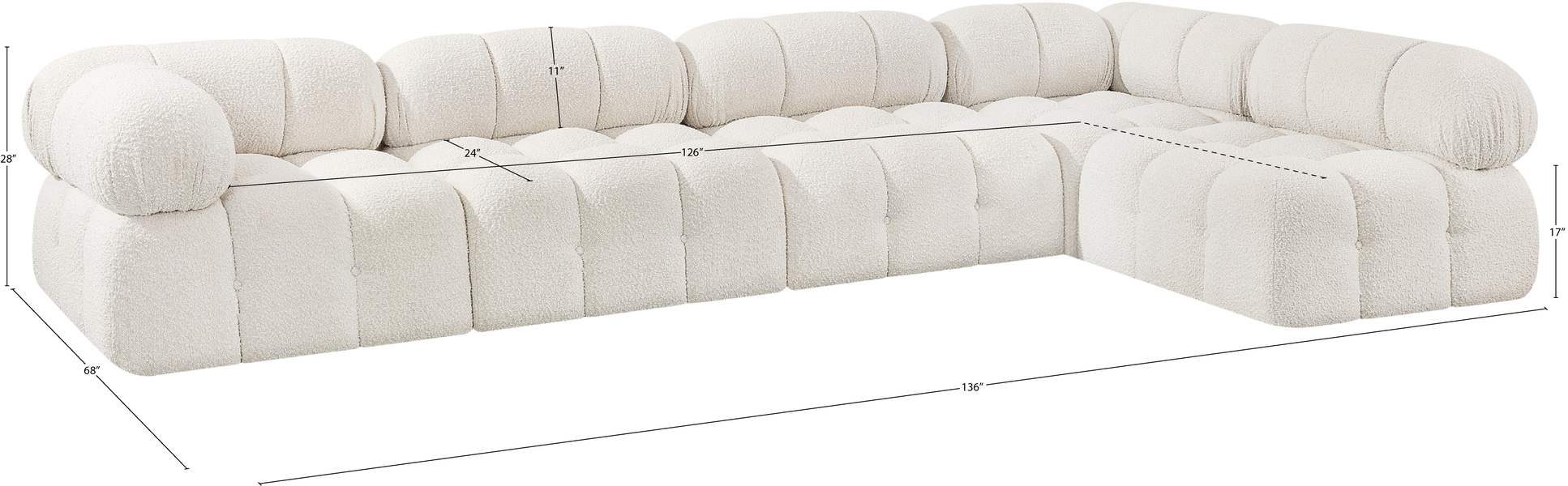 Meridian Furniture - Ames 136" Cream Boucle Fabric Upholstered 5pc. Sectional - 611Cream-Sec5A - GreatFurnitureDeal