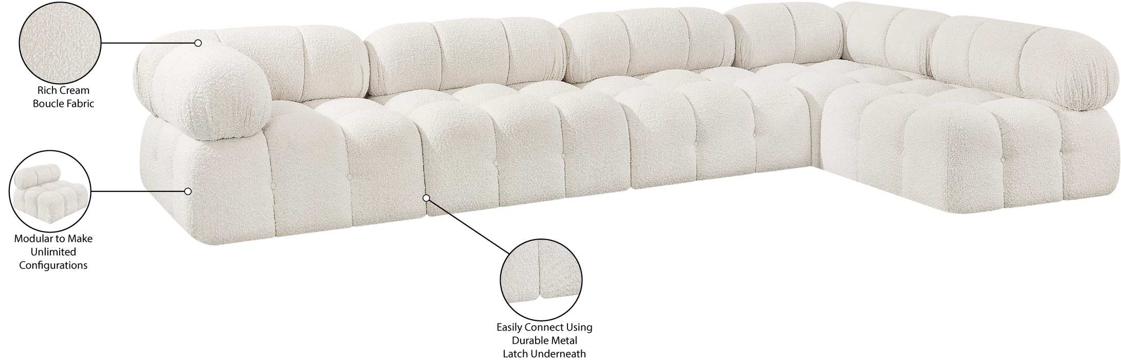 Meridian Furniture - Ames 136" Cream Boucle Fabric Upholstered 5pc. Sectional - 611Cream-Sec5A - GreatFurnitureDeal