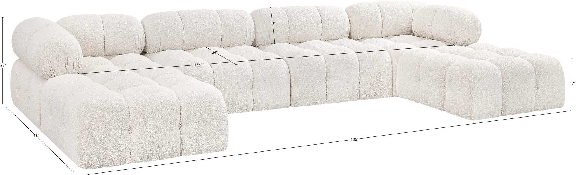 Meridian Furniture - Ames 136" Cream Boucle Fabric Upholstered 6pc. Sectional - 611Cream-Sec6D - GreatFurnitureDeal