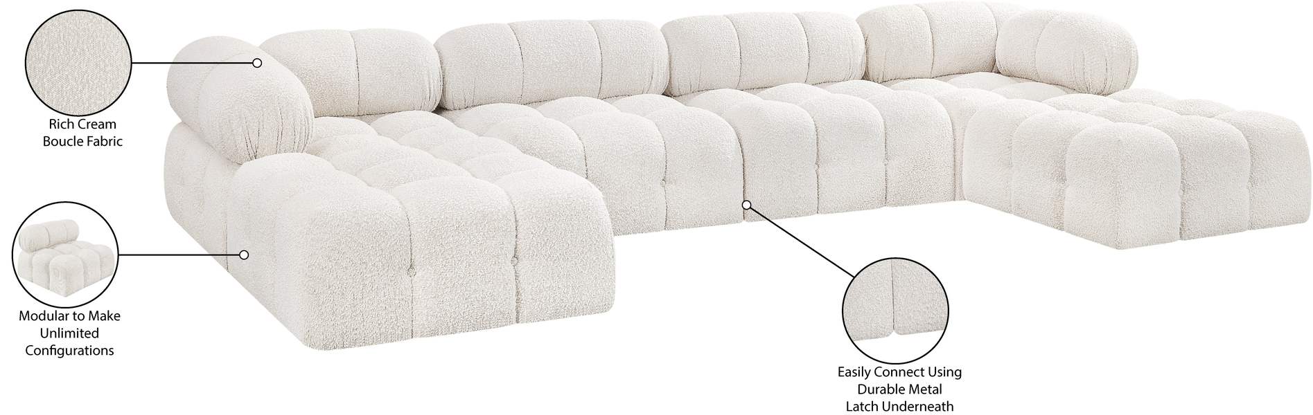 Meridian Furniture - Ames 136" Cream Boucle Fabric Upholstered 6pc. Sectional - 611Cream-Sec6D - GreatFurnitureDeal