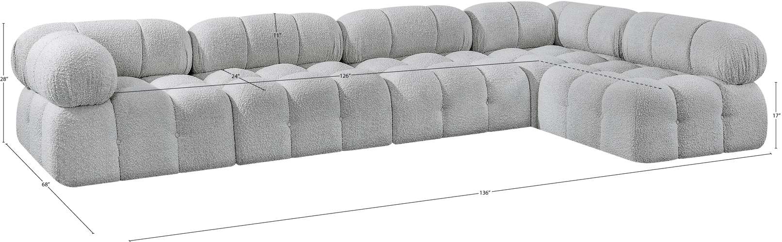 Meridian Furniture - Ames 136" Grey Boucle Fabric Upholstered 5pc. Sectional - 611Grey-Sec5A - GreatFurnitureDeal