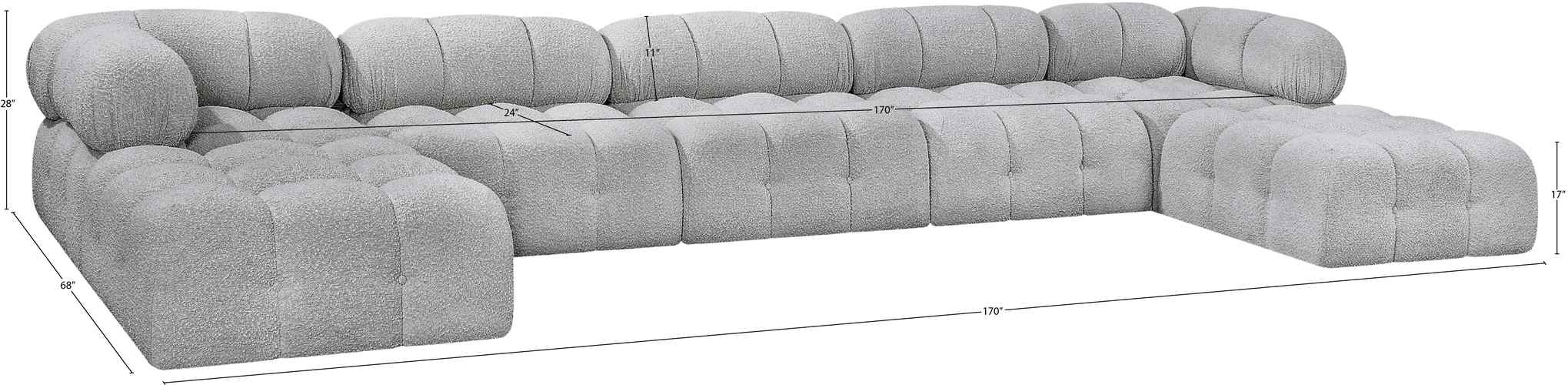 Meridian Furniture - Ames 170" Grey Boucle Fabric Upholstered 7pc. Sectional - 611Grey-Sec7B - GreatFurnitureDeal