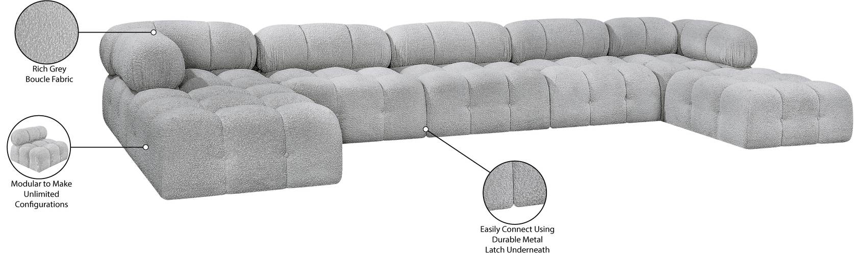 Meridian Furniture - Ames 170" Grey Boucle Fabric Upholstered 7pc. Sectional - 611Grey-Sec7B - GreatFurnitureDeal