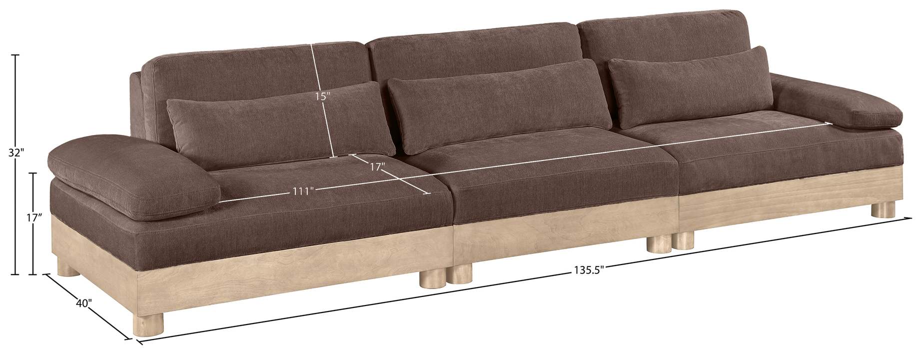 Meridian Furniture - Turin 135.5" Brown Chenille Fabric Upholstered 3pc. Modular Sofa - 612Brown-S3A - GreatFurnitureDeal