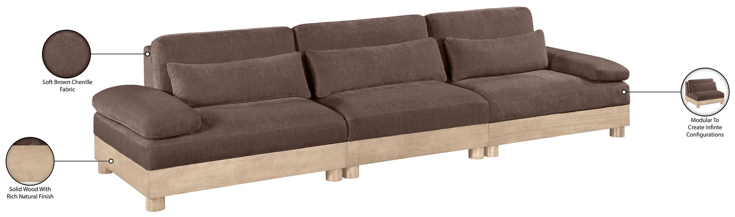 Meridian Furniture - Turin 135.5" Brown Chenille Fabric Upholstered 3pc. Modular Sofa - 612Brown-S3A - GreatFurnitureDeal