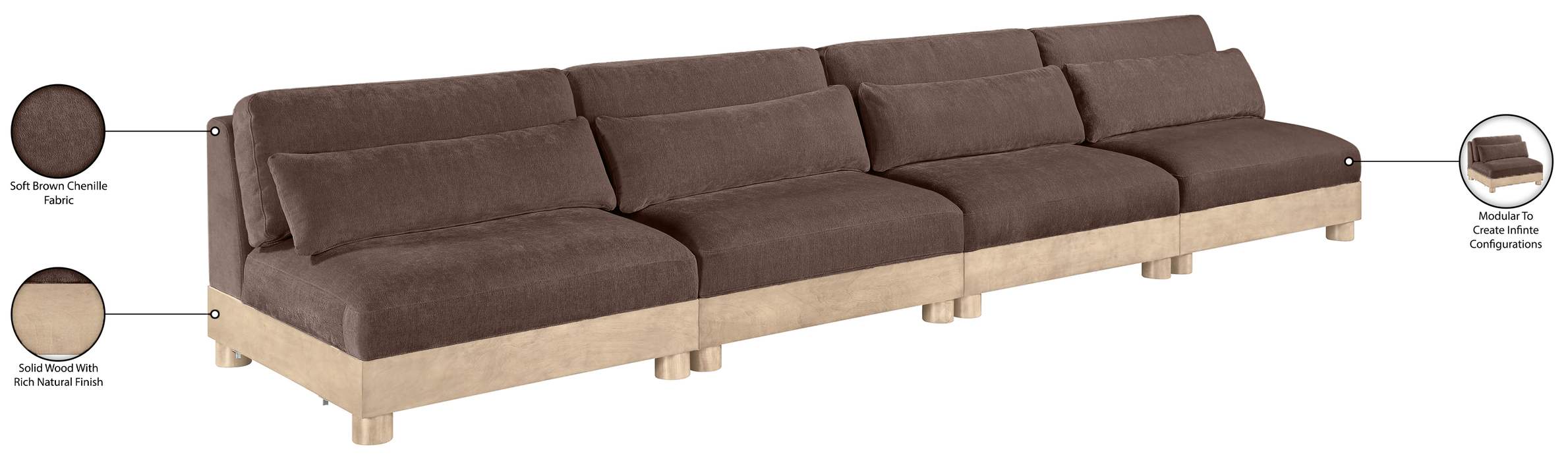 Meridian Furniture - Turin 160" Brown Chenille Fabric Upholstered 4pc. Modular Sofa - 612Brown-S4B - GreatFurnitureDeal