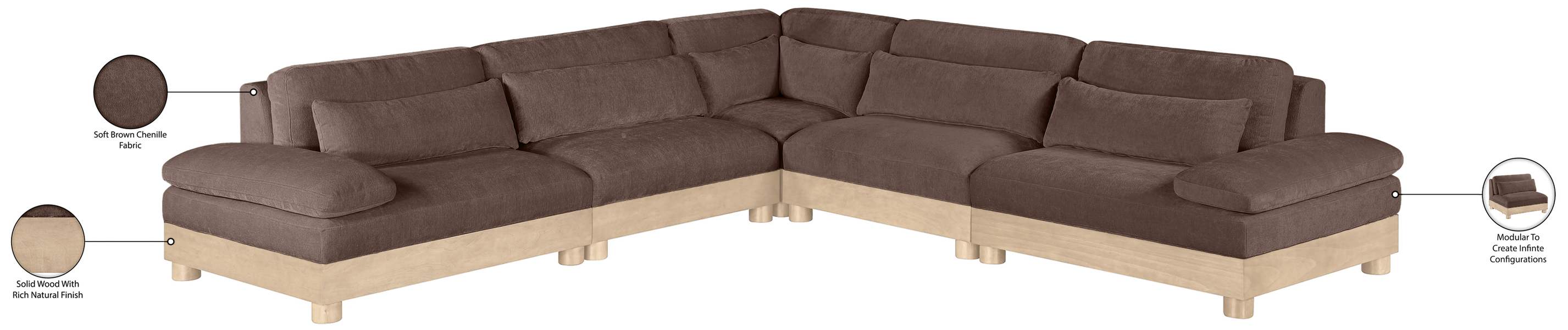 Meridian Furniture - Turin 127.75" Brown Chenille Fabric Upholstered 5pc. Modular Sectional - 612Brown-Sec5B - GreatFurnitureDeal