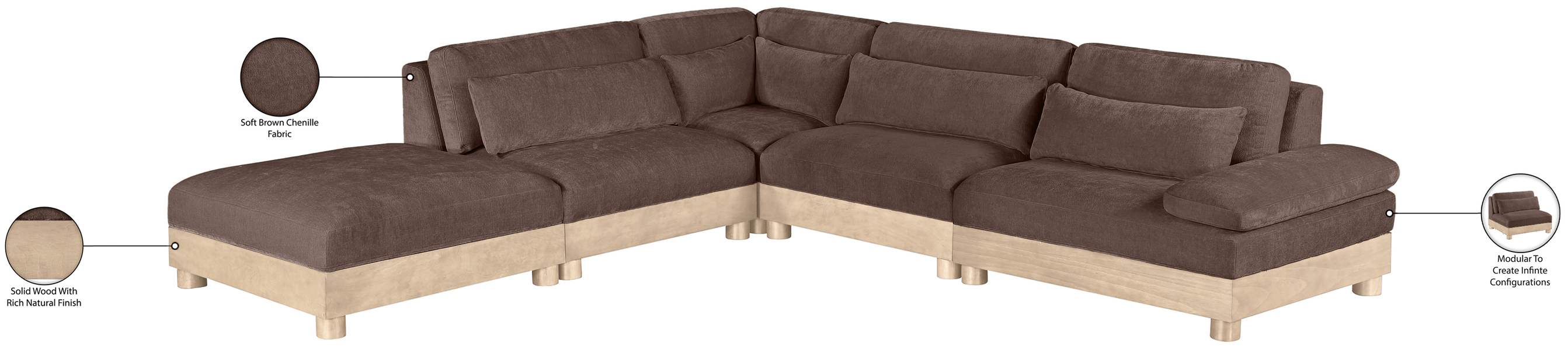 Meridian Furniture - Turin 127.75" Brown Chenille Fabric Upholstered 5pc. Modular Sectional - 612Brown-Sec5D - GreatFurnitureDeal