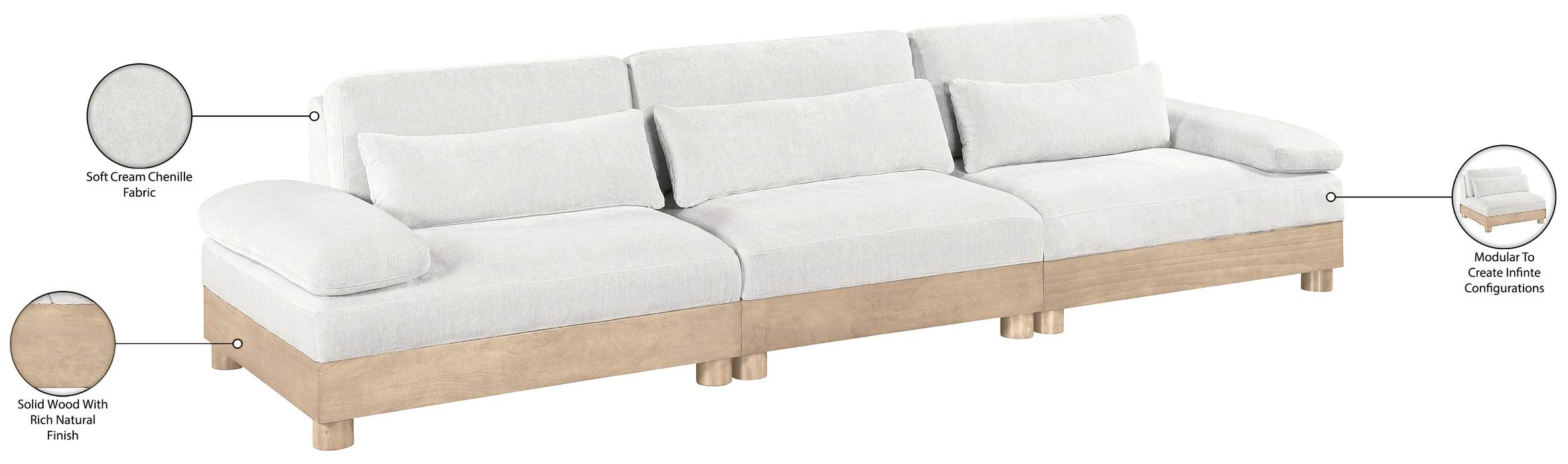 Meridian Furniture - Turin 135.5" Cream Chenille Fabric Upholstered 3pc. Modular Sofa - 612Cream-S3A - GreatFurnitureDeal