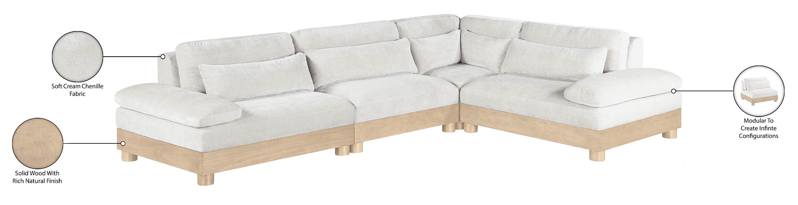 Meridian Furniture - Turin 127.75" Cream Chenille Fabric Upholstered 4pc. Modular Sectional - 612Cream-Sec4A - GreatFurnitureDeal