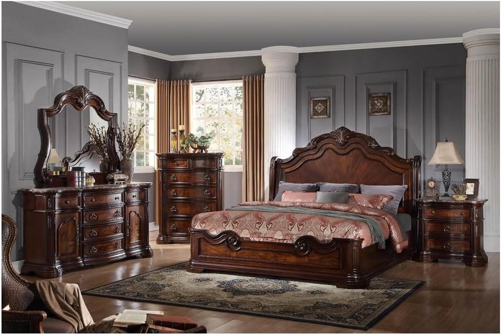 Mariano Furniture - B1003 Walnut 6 Piece Eastern King Panel Bedroom Set - BMB1003-EK-6SET - GreatFurnitureDeal
