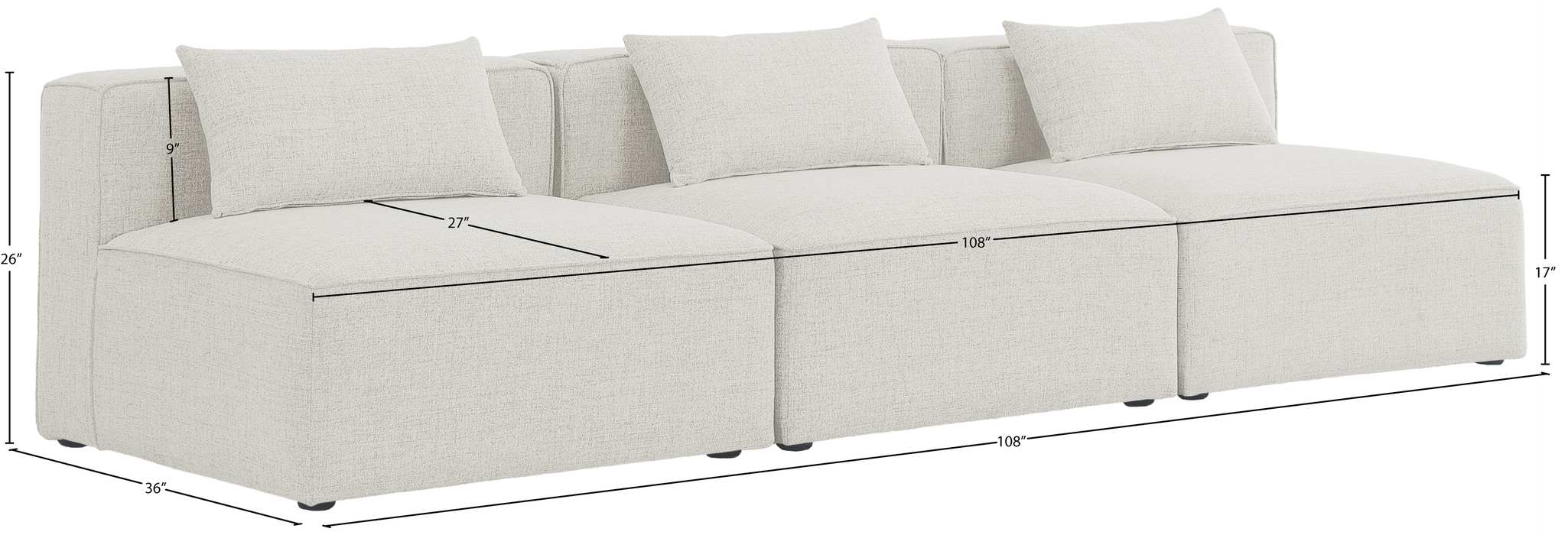 Meridian Furniture - Cube 108" Cream Fabric Upholstered 3pc. Armless Sofa - 630Cream-S108A - GreatFurnitureDeal