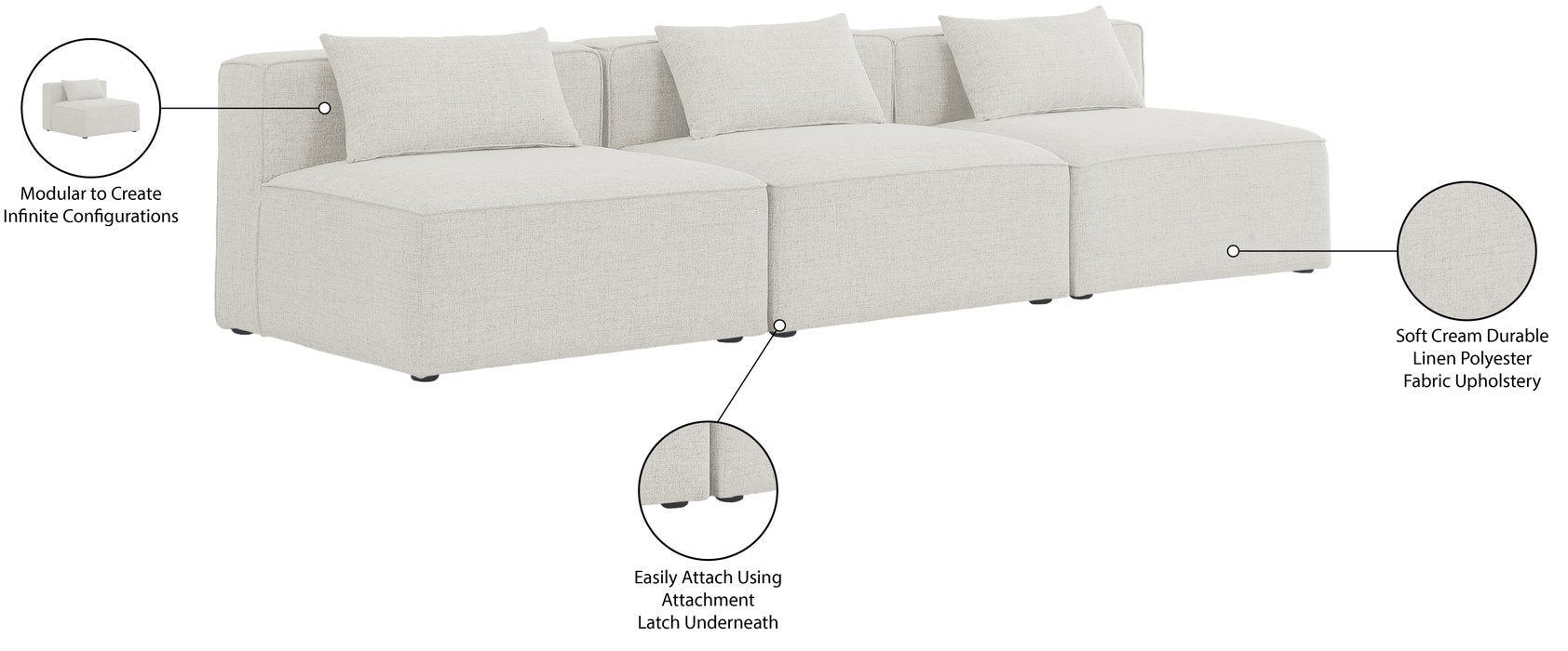 Meridian Furniture - Cube 108" Cream Fabric Upholstered 3pc. Armless Sofa - 630Cream-S108A - GreatFurnitureDeal