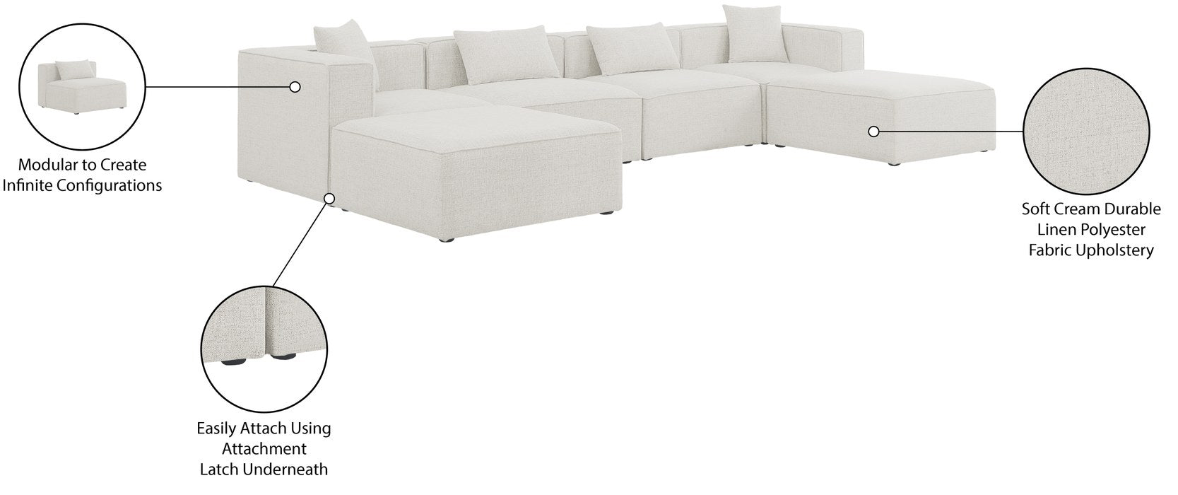 Meridian Furniture - Cube 144" Cream Fabric Upholstered 6pc. Sectional - 630Cream-Sec6B - GreatFurnitureDeal