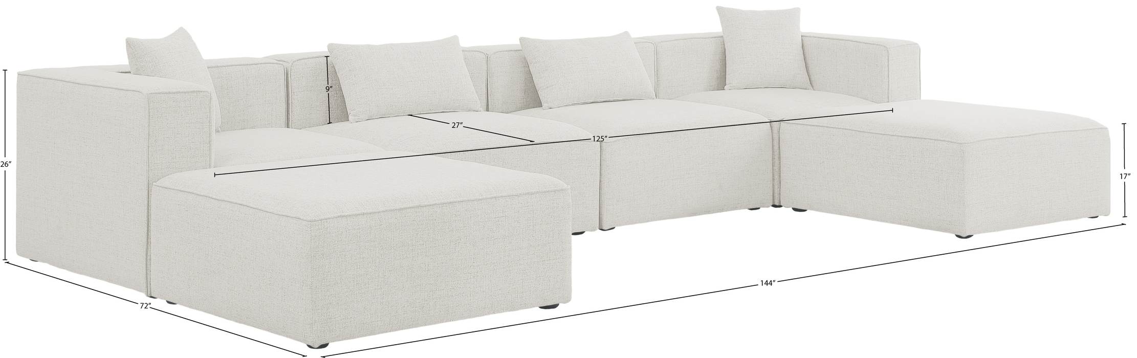 Meridian Furniture - Cube 144" Cream Fabric Upholstered 6pc. Sectional - 630Cream-Sec6B - GreatFurnitureDeal
