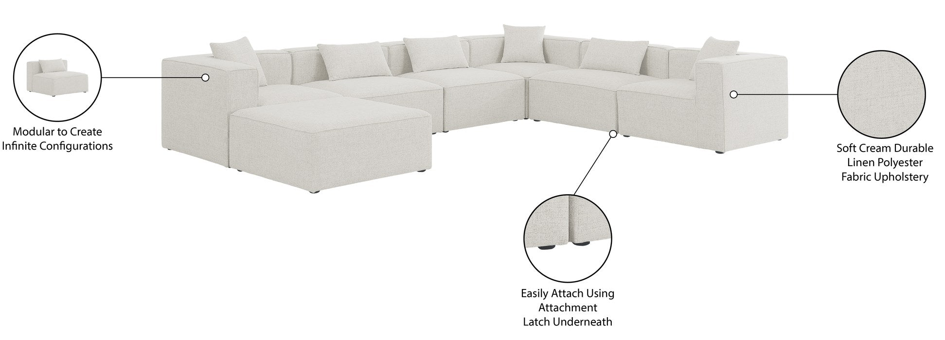 Meridian Furniture - Cube 144" Cream Fabric Upholstered 7pc. Sectional - 630Cream-Sec7A - GreatFurnitureDeal