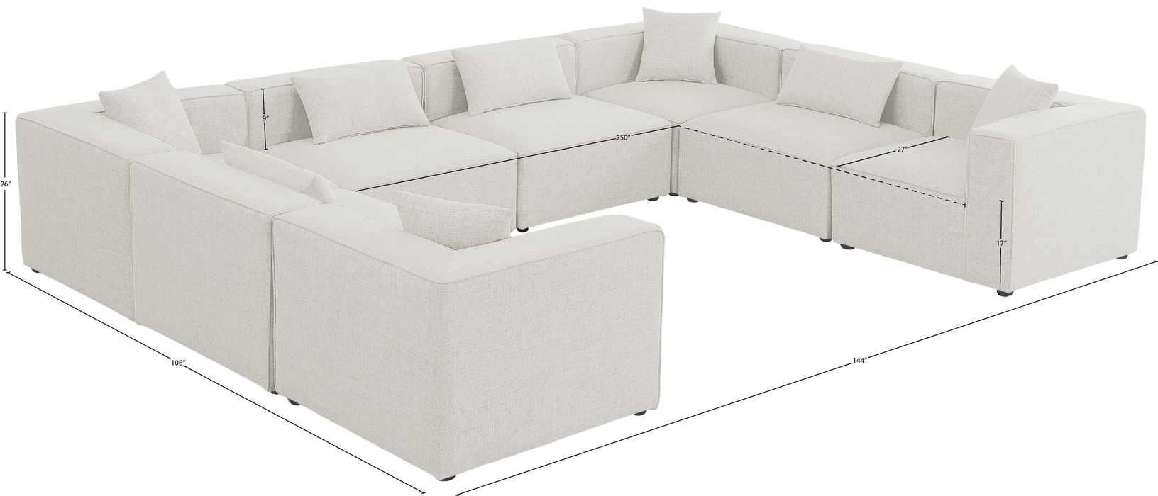 Meridian Furniture - Cube 144" Cream Fabric Upholstered 8pc. Sectional - 630Cream-Sec8A - GreatFurnitureDeal