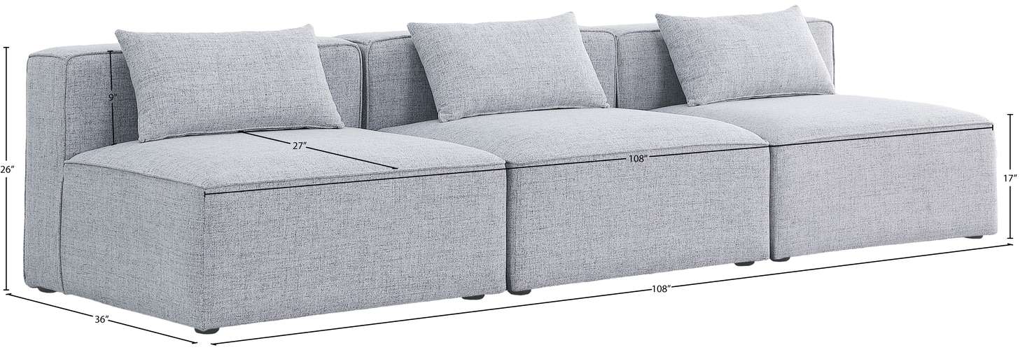 Meridian Furniture - Cube 108" Grey Fabric Upholstered 3pc. Armless Sofa - 630Grey-S108A - GreatFurnitureDeal