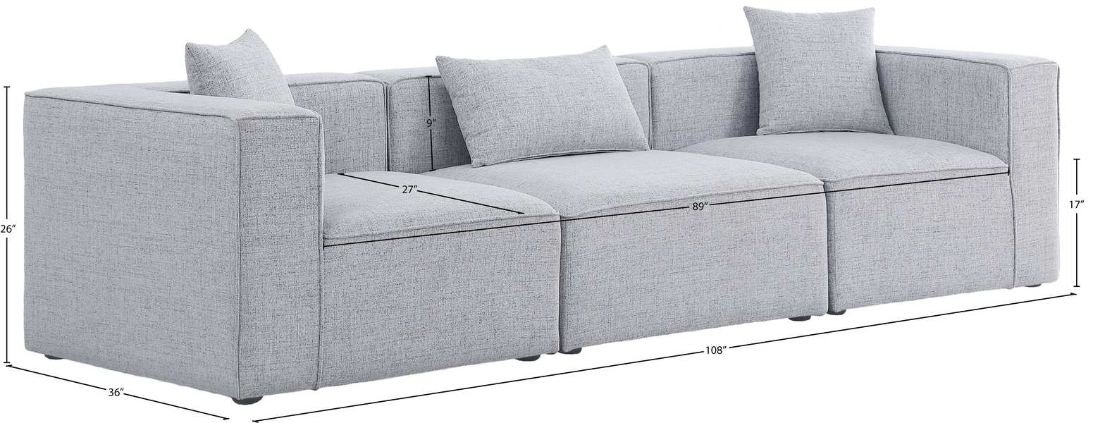 Meridian Furniture - Cube 108" Grey Fabric Upholstered 3pc. Sofa - 630Grey-S108B - GreatFurnitureDeal