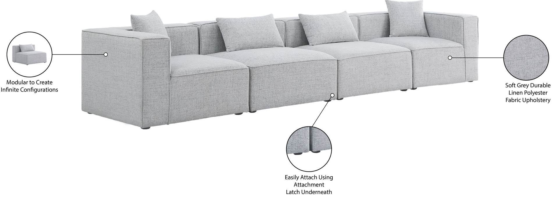 Meridian Furniture - Cube 144" Grey Fabric Upholstered 4pc. Sofa - 630Grey-S144B - GreatFurnitureDeal