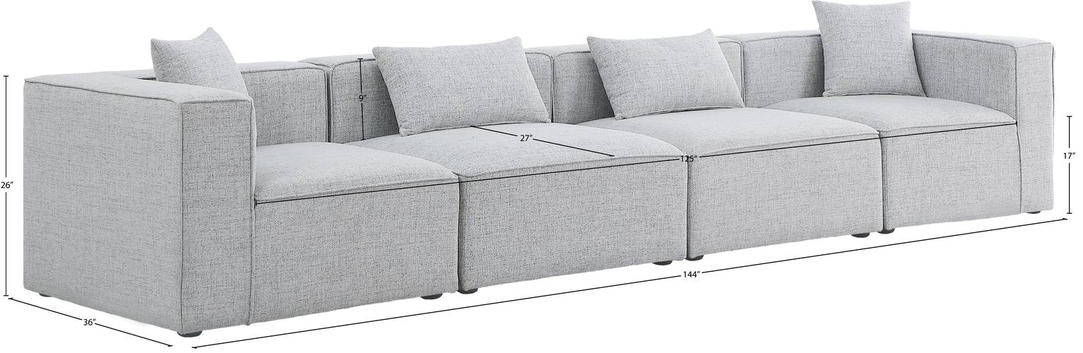 Meridian Furniture - Cube 144" Grey Fabric Upholstered 4pc. Sofa - 630Grey-S144B - GreatFurnitureDeal
