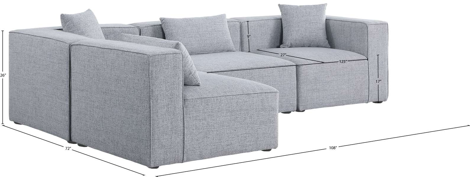 Meridian Furniture - Cube 108" Grey Fabric Upholstered 4pc. Sectional - 630Grey-Sec4B - GreatFurnitureDeal