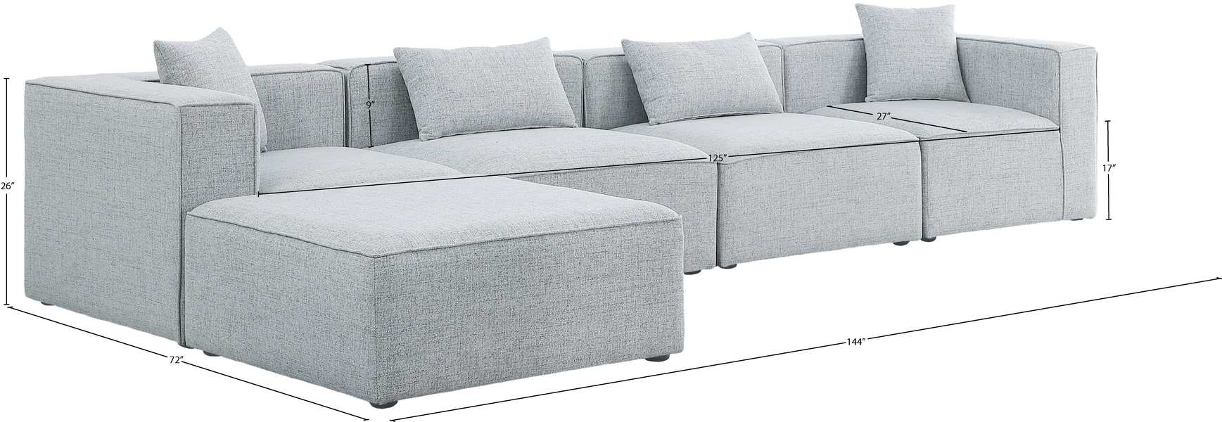 Meridian Furniture - Cube 144" Grey Fabric Upholstered 5pc. Sectional - 630Grey-Sec5A - GreatFurnitureDeal