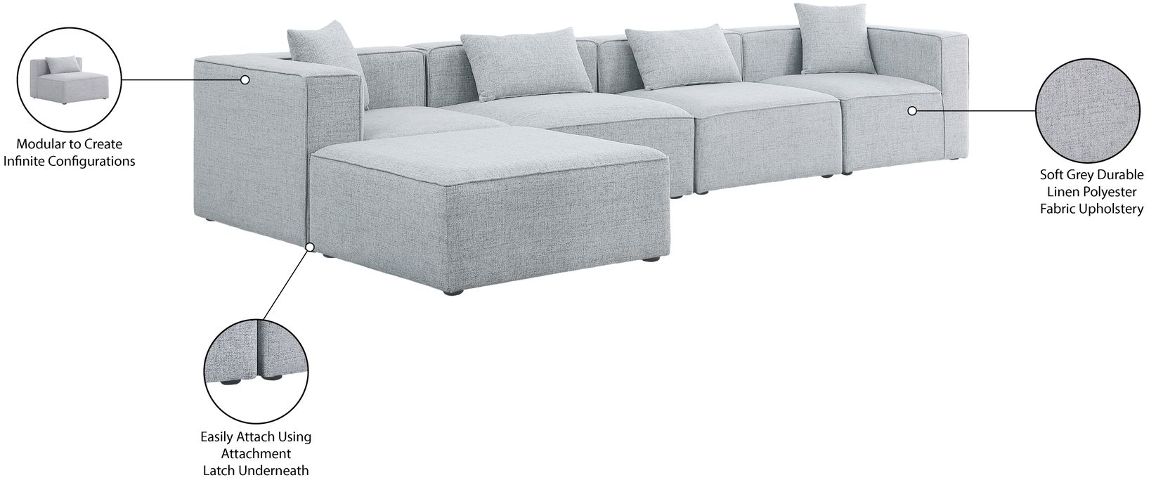 Meridian Furniture - Cube 144" Grey Fabric Upholstered 5pc. Sectional - 630Grey-Sec5A - GreatFurnitureDeal