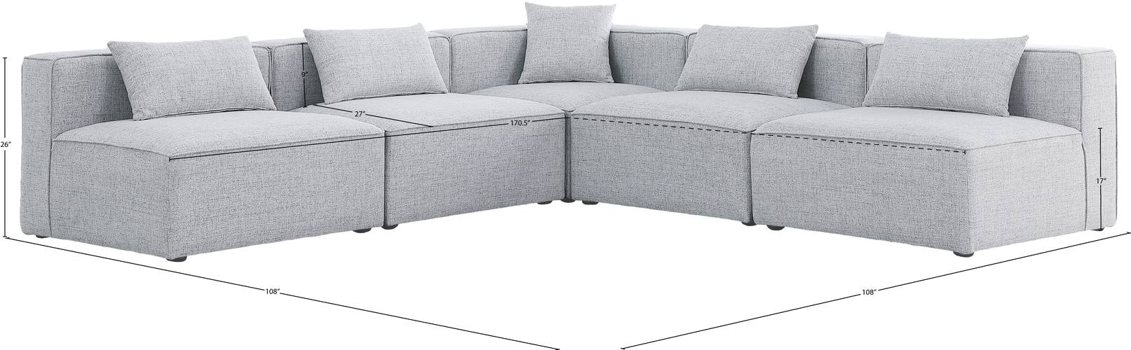 Meridian Furniture - Cube 108" Grey Fabric Upholstered 5pc. Sectional - 630Grey-Sec5B - GreatFurnitureDeal