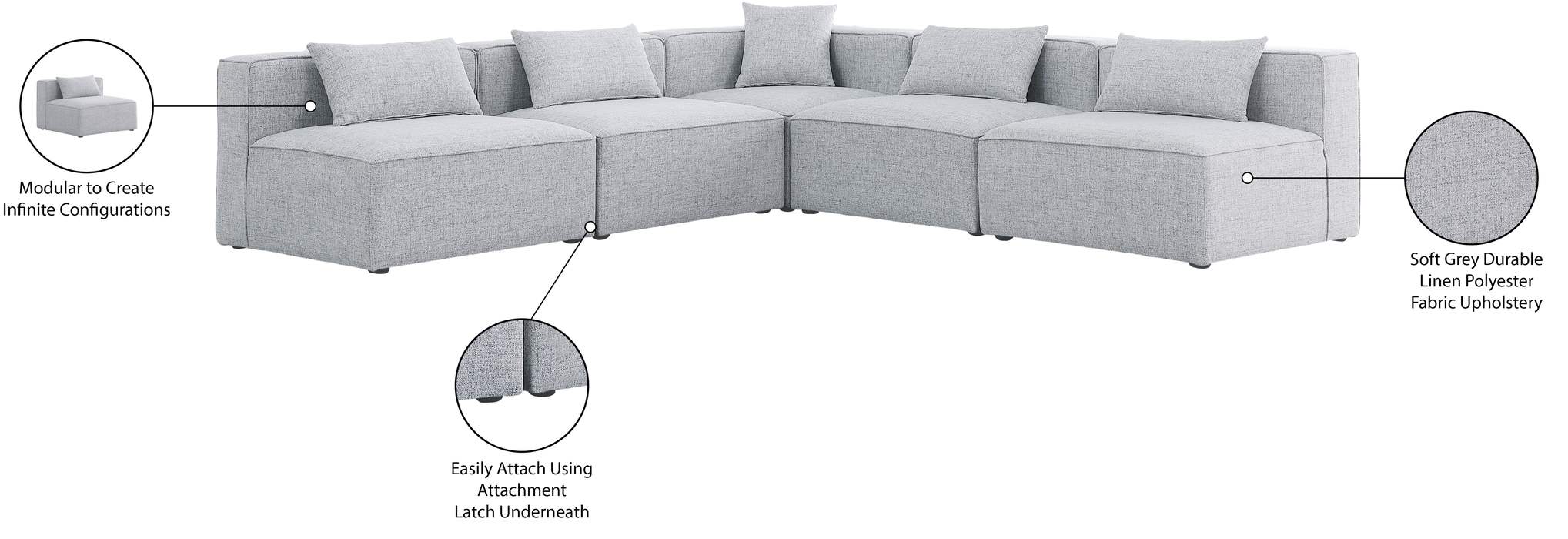Meridian Furniture - Cube 108" Grey Fabric Upholstered 5pc. Sectional - 630Grey-Sec5B - GreatFurnitureDeal