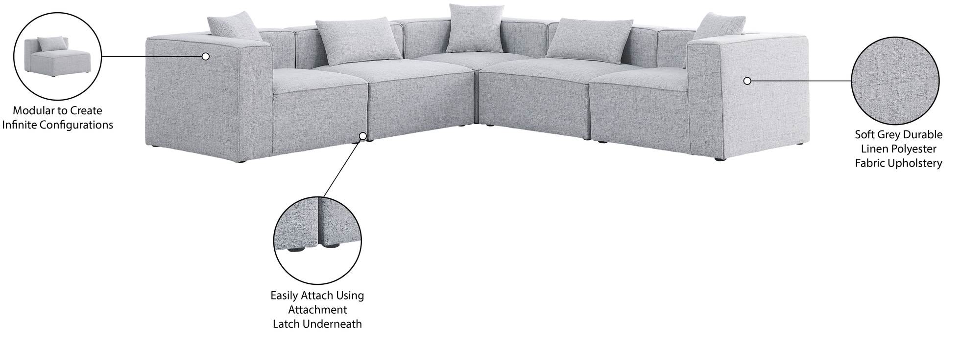 Meridian Furniture - Cube 108" Grey Fabric Upholstered 5pc. Sectional - 630Grey-Sec5C - GreatFurnitureDeal