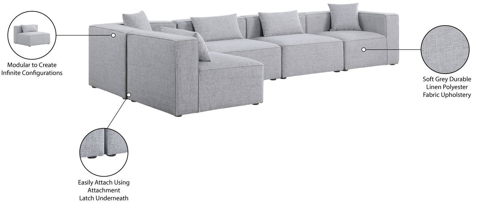 Meridian Furniture - Cube 144" Grey Fabric Upholstered 5pc. Sectional - 630Grey-Sec5D - GreatFurnitureDeal