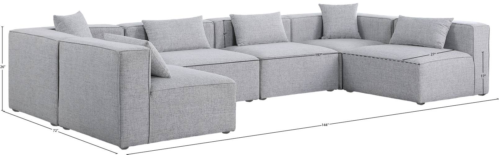 Meridian Furniture - Cube 144" Grey Fabric Upholstered 6pc. Sectional - 630Grey-Sec6D - GreatFurnitureDeal