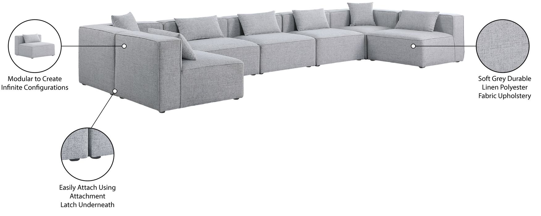Meridian Furniture - Cube 180" Grey Fabric Upholstered 7pc. Sectional - 630Grey-Sec7B - GreatFurnitureDeal