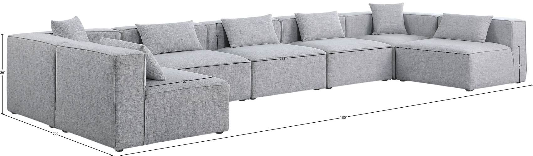 Meridian Furniture - Cube 180" Grey Fabric Upholstered 7pc. Sectional - 630Grey-Sec7B - GreatFurnitureDeal